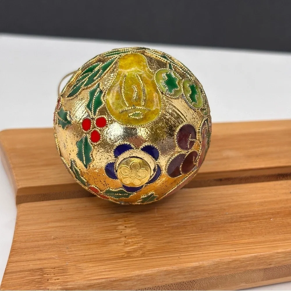 Vintage GANZ Cloisonné Metal Enamel Gold Christmas Ornament Floral Fruit 2 In